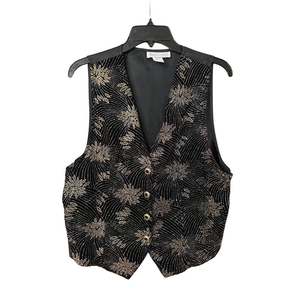 Impressions of California Womens Vintage Black Gold Floral Velvet Vest Medium